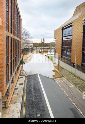 Extreme weather conditions,extensive flooding,after heavy,prolonged rain and storms,high,overwhelming river water levels,engulfing fields and properti Stock Photo