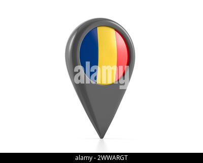 Map marker with Romania flag on a white background. 3d illustration. Stock Photo