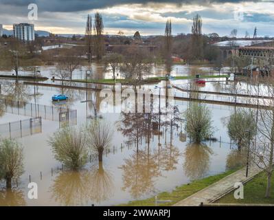 Extreme weather conditions,extensive flooding,after heavy,prolonged rain and storms,high,overwhelming river water levels,engulfing fields and properti Stock Photo