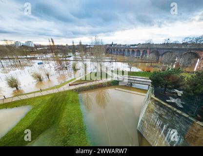 Extreme weather conditions,extensive flooding,after heavy,prolonged rain and storms,high,overwhelming river water levels,engulfing fields and properti Stock Photo