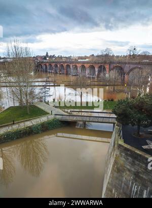 Extreme weather conditions,extensive flooding,after heavy,prolonged rain and storms,high,overwhelming river water levels,engulfing fields and properti Stock Photo