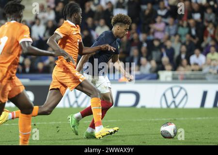 Desire Doue of France during the International Under 23 Friendly football match between France U23 and Ivory Coast U23 on March 22, 2024 at Stade Gaston Petit in Chateauroux, France Stock Photo
