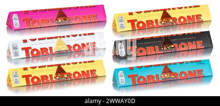 Stuttgart, Germany - May 17, 2023: Different types of Toblerone chocolate from Tobler and Mondelez International isolated on a white background in Stu Stock Photo