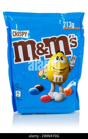 Stuttgart, Germany - May 19, 2023: M&M's crispy type chocolate confectionery by Mars Inc. company isolated on white in Stuttgart, Germany. Stock Photo