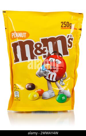 Stuttgart, Germany - May 19, 2023: M&M's Peanut type chocolate confectionery by Mars Inc. company isolated on white in Stuttgart, Germany. Stock Photo