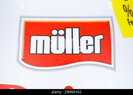 Stuttgart, Germany - April 11, 2023: Logo of Theo Müller company dairy products in Stuttgart, Germany. Stock Photo