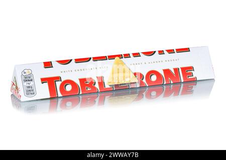 Stuttgart, Germany - May 17, 2023: Toblerone white chocolate type from Tobler and Mondelez International company isolated on a white background in Stu Stock Photo