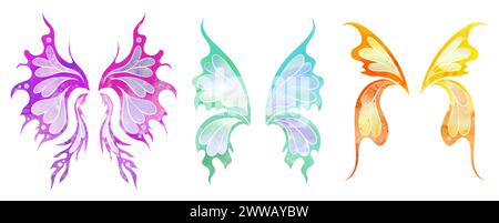 Vector set of watercolor silhouette fairy wings. Collection of colorful different butterfly wings isolated from background. Fairy tale design elements Stock Vector