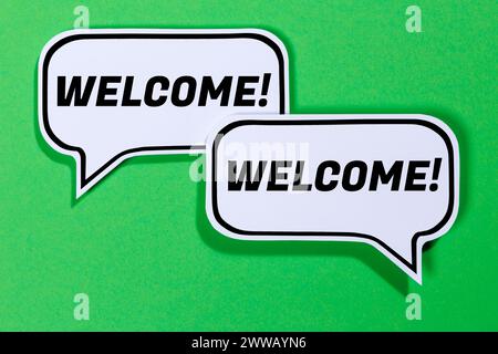 Welcome hospitality speech bubbles communication concept talking saying green Stock Photo