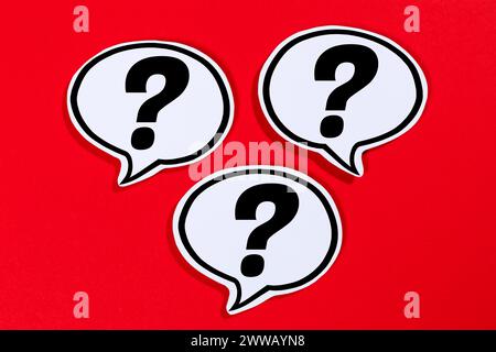 Question mark as a symbol for asking questions ask help problem information support speech bubble communication concept talking saying say Stock Photo