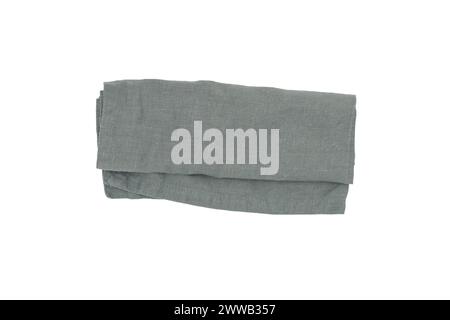 Folded grey linen napkin isolated on white background, top view Stock Photo
