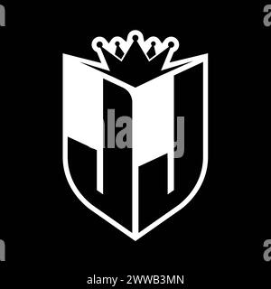 JJ Letter bold monogram with shield shape and sharp crown inside shield black and white color design template Stock Photo