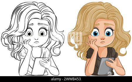 Black and white and colored illustrations of a concerned girl Stock Vector