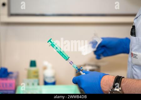 Treatment of varicose veins by foam echosclerotherapy, injection into a ...