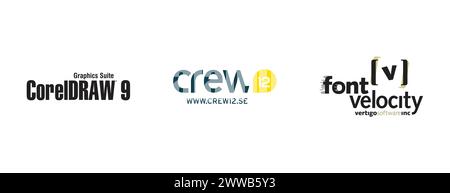 Font Velocity, CorelDRAW 9 , Crew 12. Arts and design editorial logo collection. Stock Vector