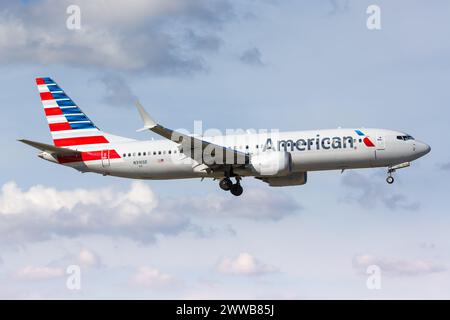 Miami, United States - November 15, 2022: American Airlines Boeing 737-8 MAX airplane at Miami Airport (MIA) in the United States. Stock Photo