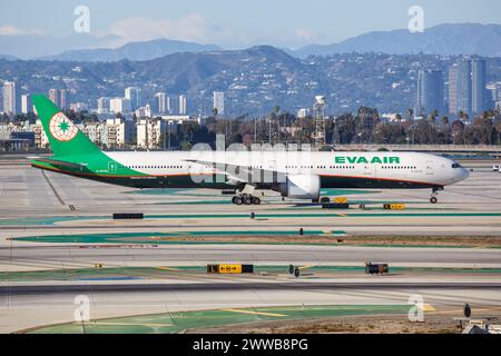 Los Angeles, United States - November 3, 2022: EVA Air Boeing 777-300(ER) airplane at Los Angeles International Airport (LAX) in the United States. Stock Photo