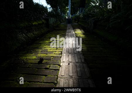 Early morning on vintage tactile paving for blind people. Stock Photo