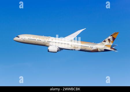 Munich, Germany - February 6, 2024: Etihad Airways Boeing 787-9 Dreamliner airplane at Munich Airport (MUC) in Germany. Stock Photo