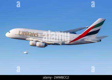 Munich, Germany - February 6, 2024: Emirates Airbus A380-800 airplane at Munich Airport (MUC) in Germany. Stock Photo