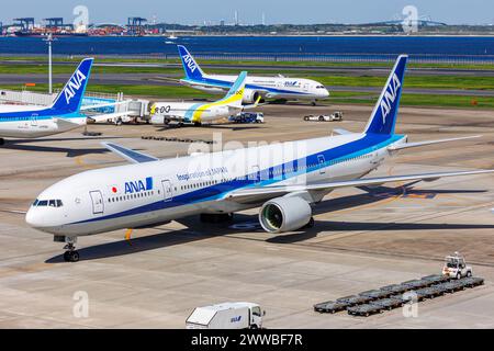 Tokyo, Japan - September 25, 2023: ANA All Nippon Airways Boeing 777-300 airplane at Tokyo Haneda Airport (HND) in Japan. Stock Photo