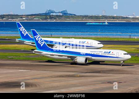 Tokyo, Japan - October 6, 2023: ANA All Nippon Airways Boeing 767-300ER and 777-200ER airplanes at Tokyo Haneda Airport (HND) in Japan. Stock Photo