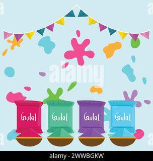 Holi Festival Gulal Packets with Decoration Elements in Background Stock Vector