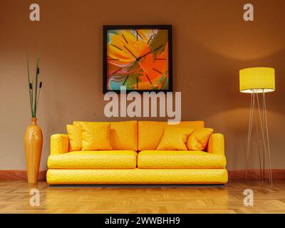 3D rendering of architectural visualization of modern living room with yellow leather sofa, wall clock, floor lamp and potted plant Stock Photo