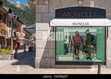 Shop window of the luxury fashion brand Moncler in the centre of the alpine town in summer, Chamonix, Haute Savoie, Auvergne Rhone Alpes, France Stock Photo