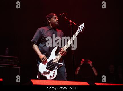 P.O.D. performing live at Wembley Arena, London on 15 March 2024 Traa Daniels ,bassist  P.O.D. (an initialism for Payable on Death) is an American Christian nu metal band formed in '92. They have sold over 12 million records worldwide. Over the course of their career, the band has received three Grammy Award nominations, contributed to numerous motion picture soundtracks and toured internationally. With their third studio album, The Fundamental Elements of Southtown, they achieved their initial mainstream success; the album was certified platinum. Stock Photo