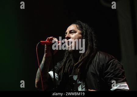 P.O.D. performing live at Wembley Arena, London on 15 March 2024 Sonny Sandoval ,lead singer P.O.D. (an initialism for Payable on Death) is an American Christian nu metal band formed in '92. They have sold over 12 million records worldwide. Over the course of their career, the band has received three Grammy Award nominations, contributed to numerous motion picture soundtracks and toured internationally. With their third studio album, The Fundamental Elements of Southtown, they achieved their initial mainstream success; the album was certified platinum. Stock Photo