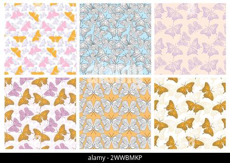 Butterflies ink line vector seamless pattern set background for textile, fabric, wallpaper, scrapbook. Insects with wings drawing for surface design Stock Vector