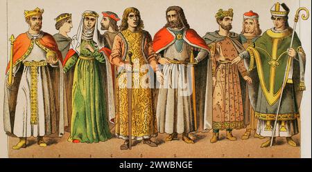 Holy Roman Empire, 1000-1100. From left to right, 1: Emperor Frederick Barbarossa (1122-1190), 2: princess, 3: Henry the Lion's wife, 4-5-6: noblemen, 7: king, 8: nobleman, 9: bishop. Chromolithography. 'Historia Universal', by César Cantú. Volume V, 1884. Stock Photo