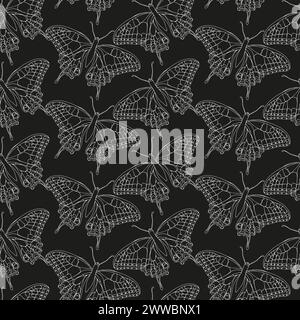 Butterflies black and white ink line vector seamless pattern background ...