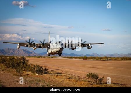 A U.S. Marines Corps KC-130J Hercules assigned to Marine Aviation Weapons and Tactics Squadron One, lands on a refurbished runway Stock Photo