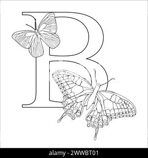 Butterfly alphabet Letter B to coloring book for kids. Vector illustration, isolate on white background. Stock Vector