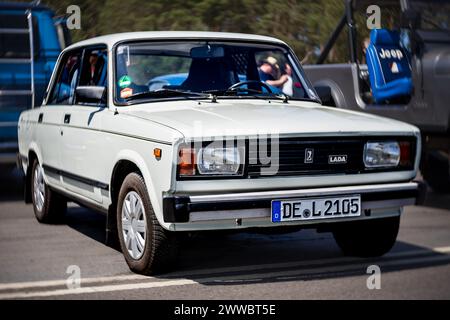 LINTHE, GERMANY - MAY 27, 2023: The small family car VAZ-2105 Zhiguli. Art lens. Swirl bokeh. Die Oldtimer Show 2023. Stock Photo