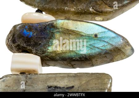 polished bead of natural labradorite mineral isolated on white background close up Stock Photo