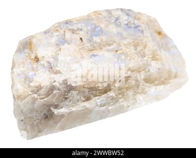 close up of sample of natural stone from geological collection - rough belomorite moonstone mineral isolated on white background from North Karelia Stock Photo