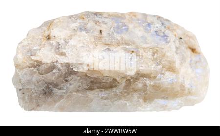 close up of sample of natural stone from geological collection - raw belomorite moonstone mineral isolated on white background from North Karelia Stock Photo