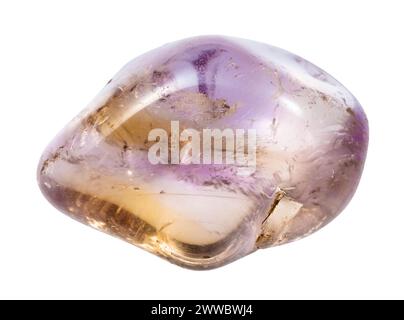close up of sample of natural stone from geological collection - tumbled ametrine mineral isolated on white background from Brazil Stock Photo