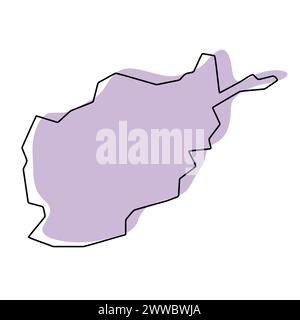 Afghanistan country simplified map. Violet silhouette with thin black smooth contour outline isolated on white background. Simple vector icon Stock Vector