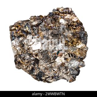 close up of sample of natural stone from geological collection - raw native bismuth ore isolated on white background from Hartenstein, Germany Stock Photo