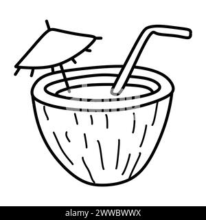 Coconut Cocktail Isolated on White background. Vector Doodle Style Illustration, Outline, Line art Beverage. Summer Tropical Vacation. Fruity Drink wi Stock Vector