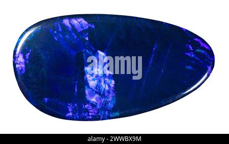 close up of sample of stone from geological collection - polished synthetic sapphire gemstone isolated on white background Stock Photo