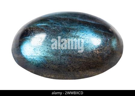 close up of sample of stone from geological collection - polished artificial labradorite gemstone isolated on white background Stock Photo