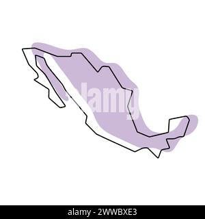 Mexico country simplified map. Violet silhouette with thin black smooth contour outline isolated on white background. Simple vector icon Stock Vector