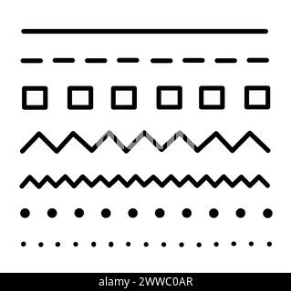 Set of lines of different shapes. Straight line, dashed line, zigzag, dotted line, squares line. Illustration isolated on white background Stock Photo