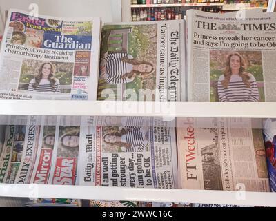 London, UK. 23rd Mar, 2024. Catherine Princess of Wales is front page news for all the British newspapers after announcing her recent cancer diagnosis. She has started a course of chemotherapy and announced this in a video addressing the nation, aimed at dispelling some of the wilder conspiracy theories that have circulated recently. Credit: Anna Watson/Alamy Live News Stock Photo