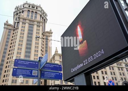 Moscow. 23rd Mar, 2024. This photo taken on March 23, 2024 shows a billboard displaying the image of a candle to mourn victims of a terrorist attack in Moscow, Russia. The death toll from Friday's terrorist attack has risen to 143 after gunmen stormed a concert hall in Moscow, Margarita Simonyan, editor-in-chief of RT broadcast said Saturday. Credit: Cao Yang/Xinhua/Alamy Live News Stock Photo